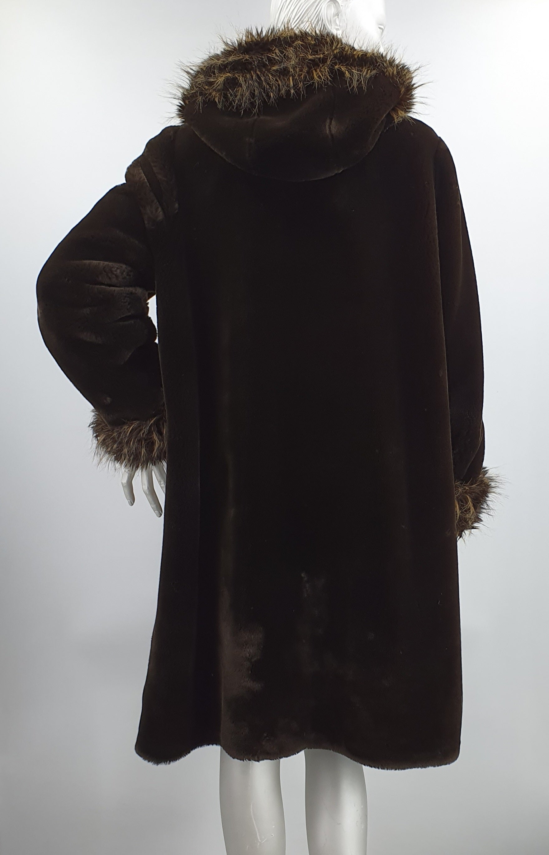 Alexandra, dark brown faux fur coat from the 90s, size 42-44