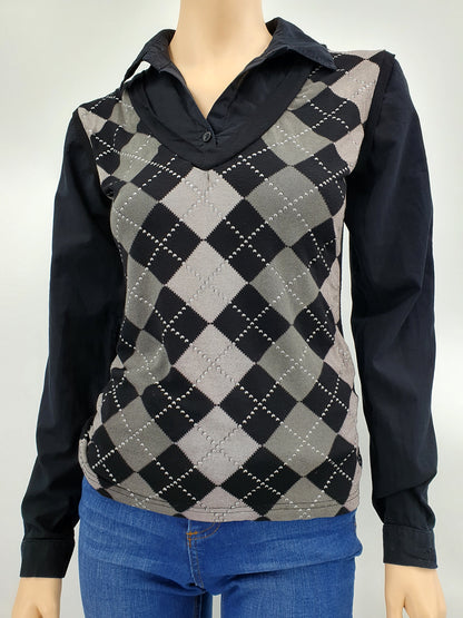 Madonna, Y2K black checkered jersey shirt, size 34-36