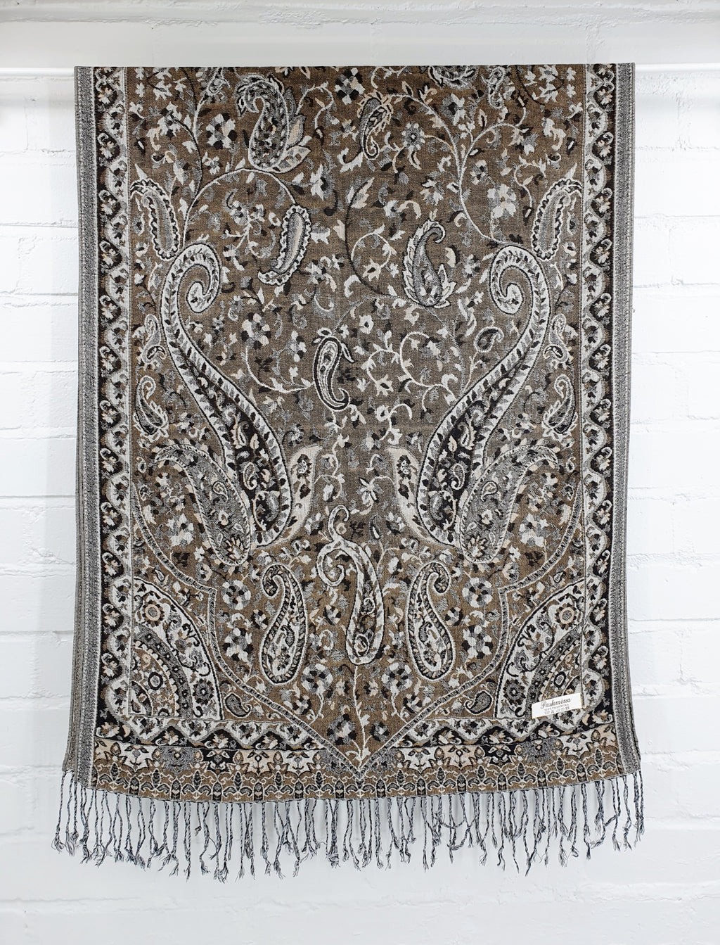 Pashmina-huivi paisleykuviolla, beigen sävyinen, kääntöpuoli