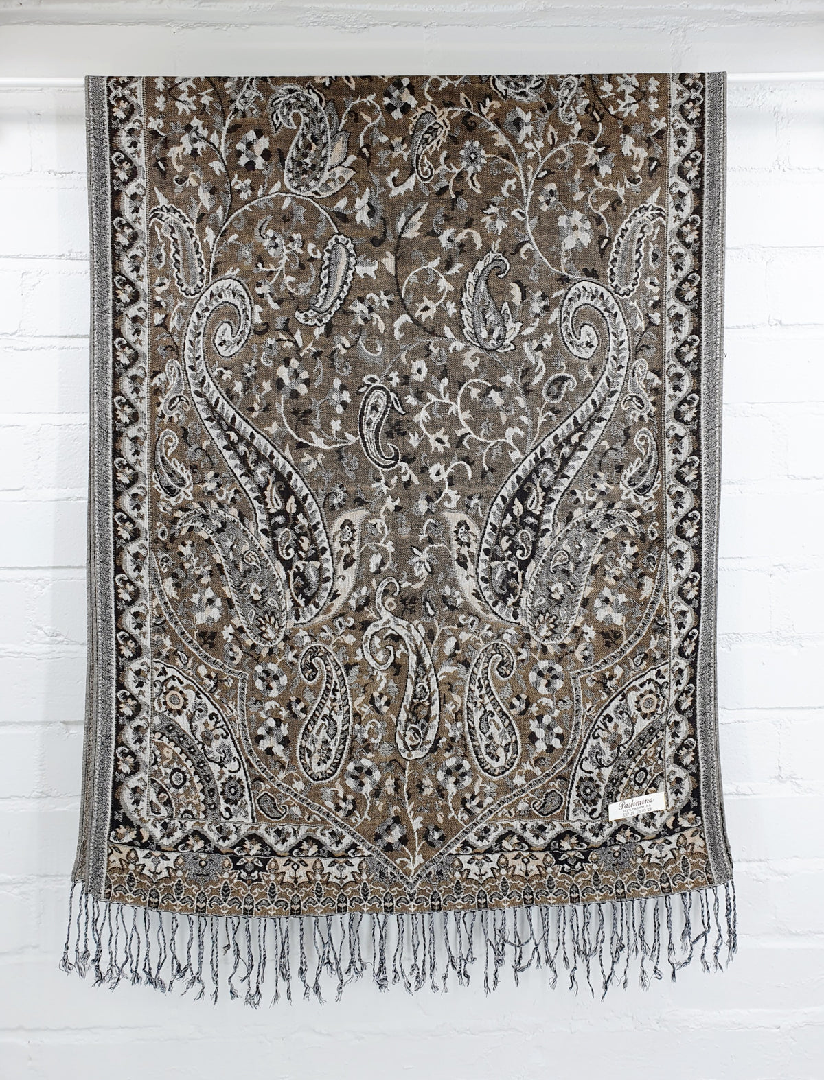 Pashmina-huivi paisleykuviolla, beigen sävyinen, kääntöpuoli