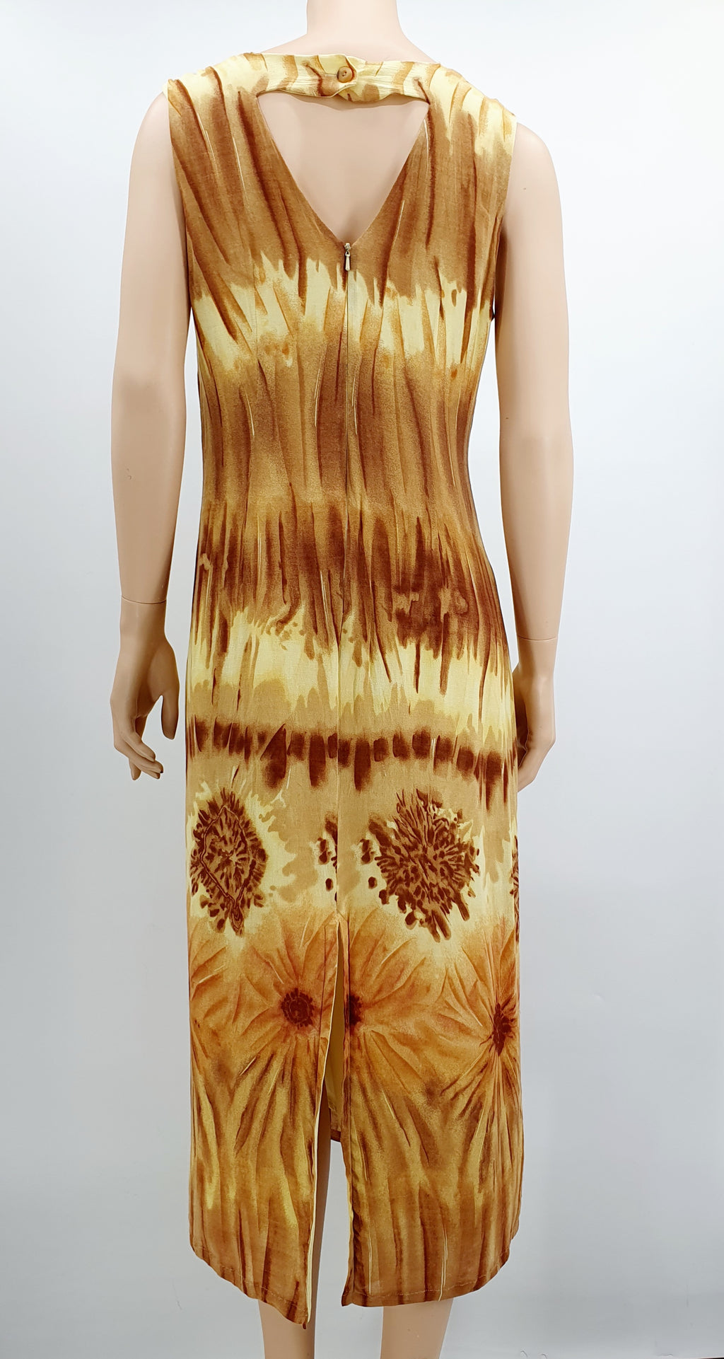 Hihaton kesämekko 90-luvulta, maximekko, ruskea-vaaleankeltainen, kuva takaa