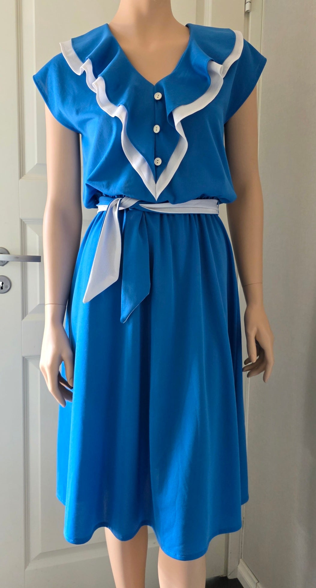 Blue and white English vintage dress, 70s-80s, size 36