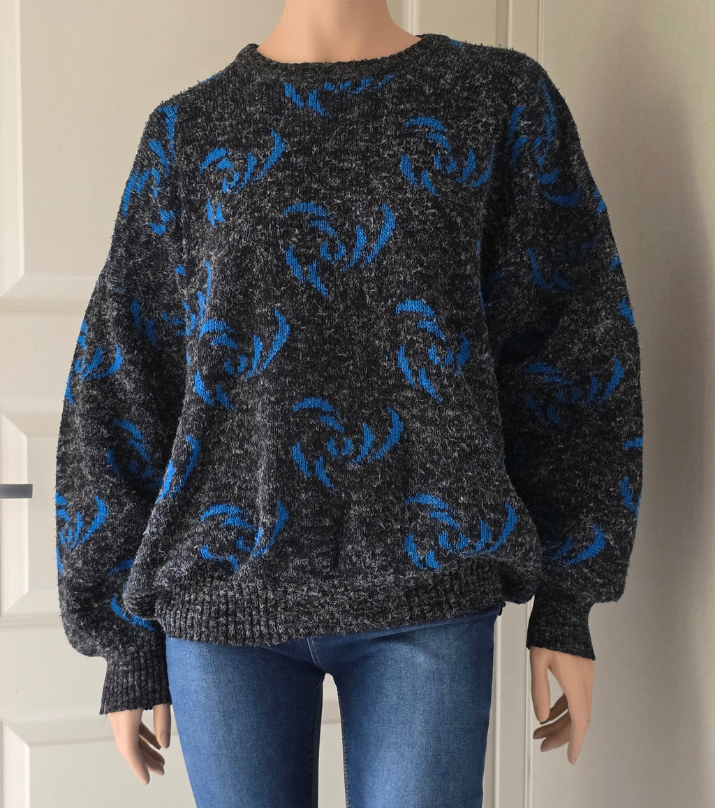 S-Style, blue and black unisex sweater from the 80s, size 42-44-(46)