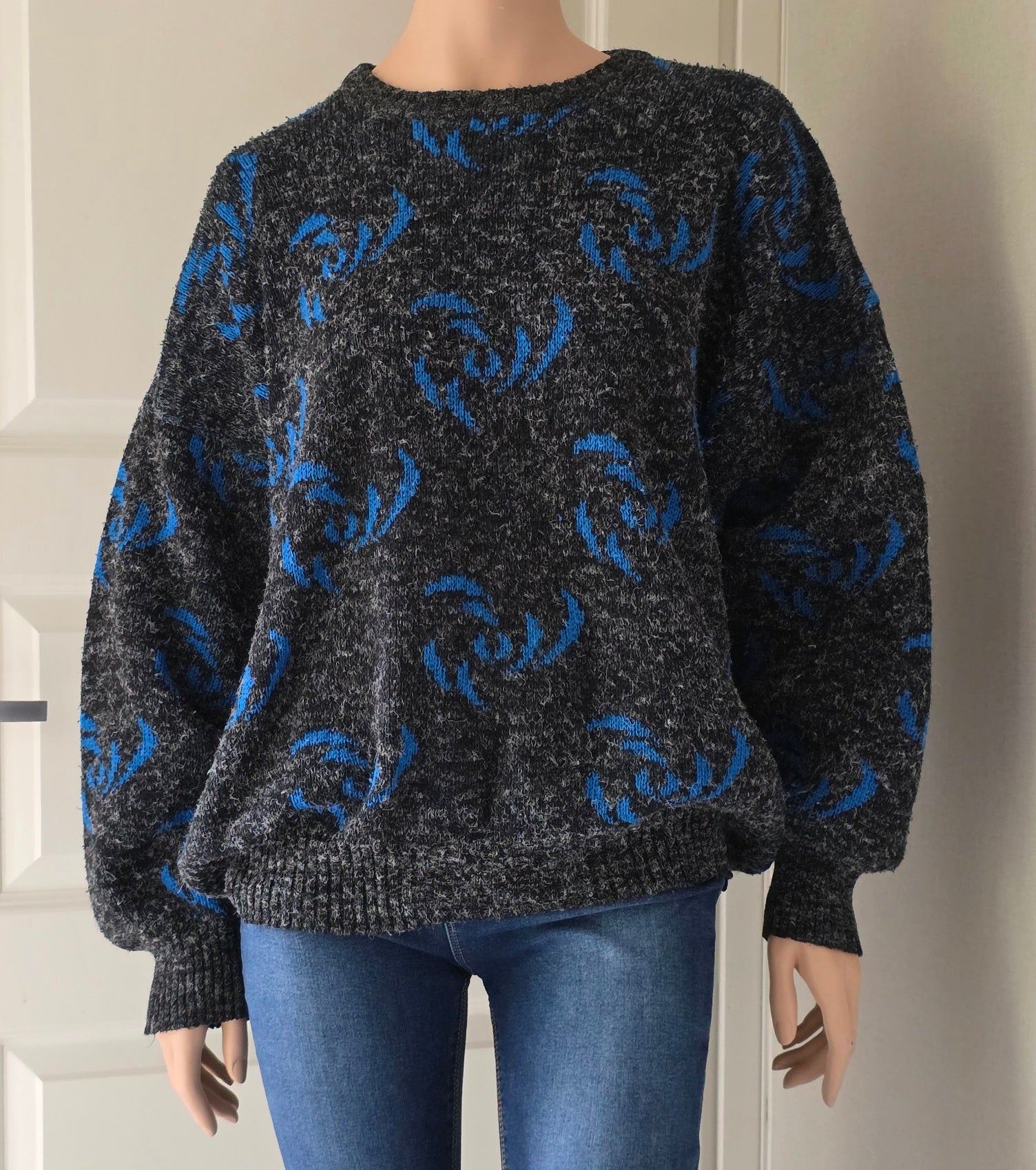S-Style, blue and black unisex sweater from the 80s, size 42-44-(46)