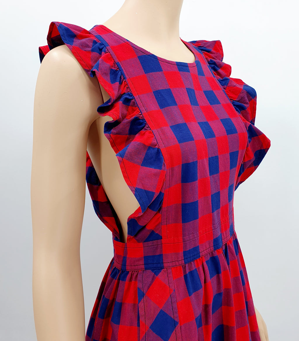 Apron dress, purple and red check pattern, size 34-36