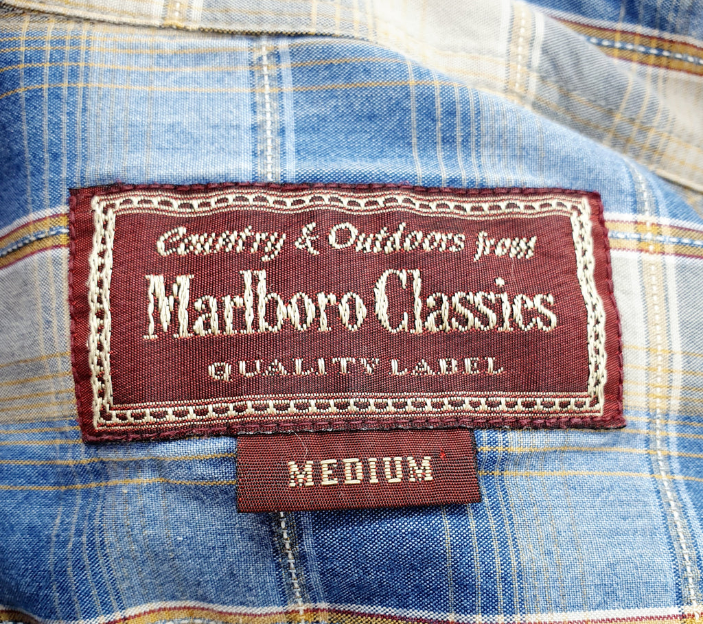 Marlboro Classics, puuvilla ruutupaita 90-luvulta, väritys khaki-sininen, kuva logosta