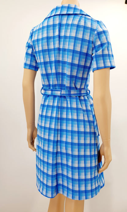 Finnruska, blue checked short dress from the 70s, size 34-36