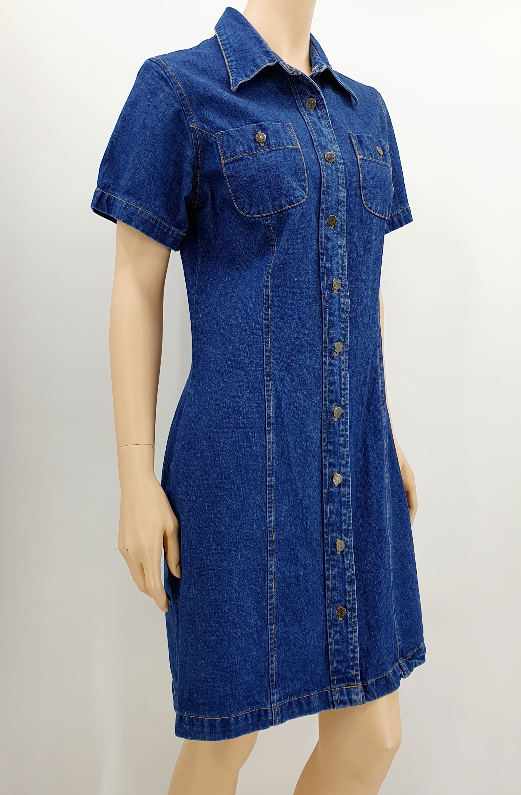 Lyhythihainen farkkumekko 1990-luku nappikiinnitys väri tummansininen Kuva sivusta