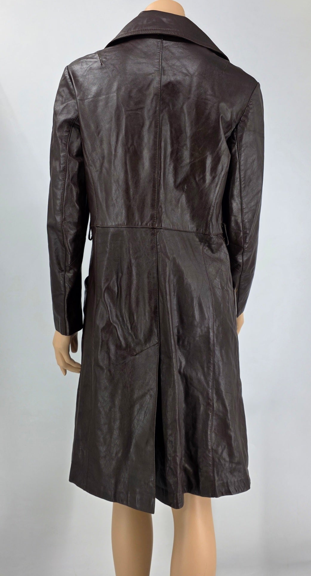 Finn Fant, dark brown long leather jacket from the 70s, size 36-38