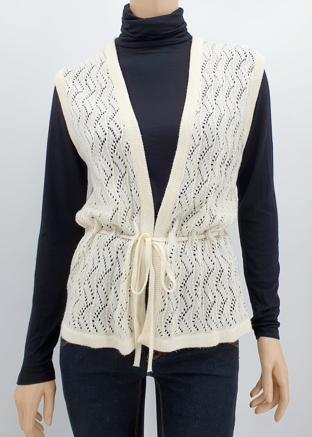 Luonnonvalkoinen vintage pitsineuleliivi 80-luku Koko 38-40-42