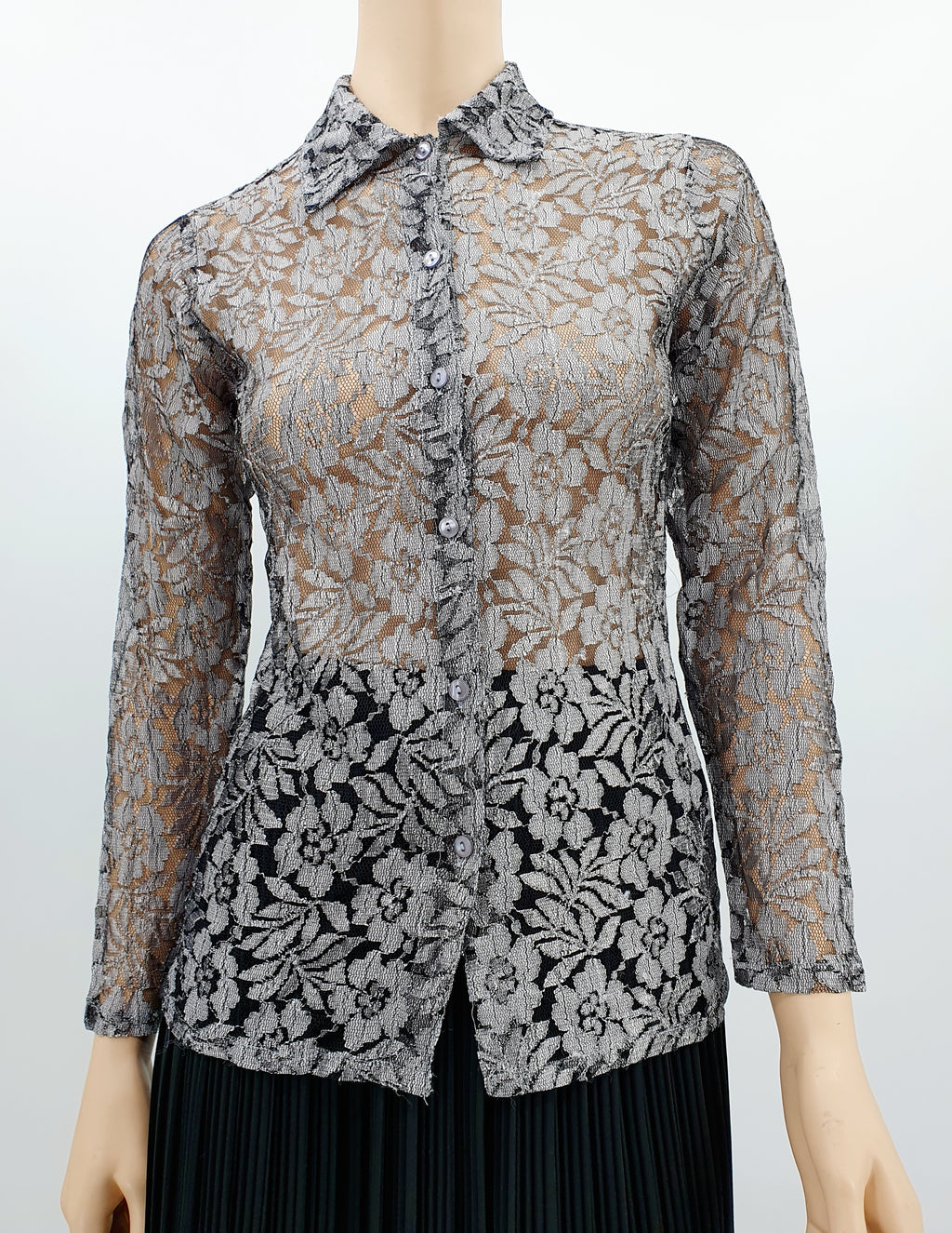 Mona Wear, silver-gray lace shirt, 80s-90s, size 36