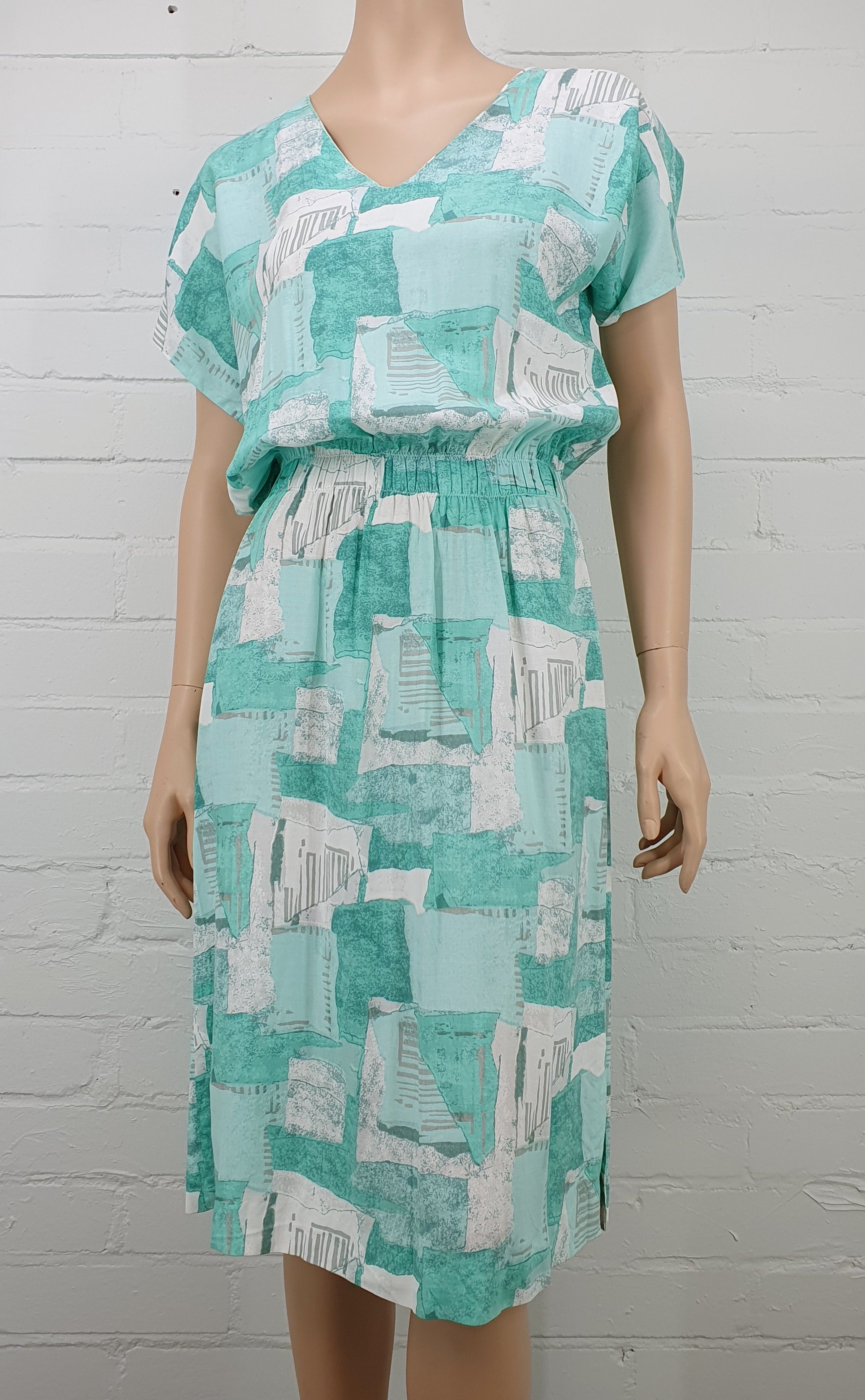 Mintunvihreä-valkoinen viskoosimekko 90-luvulta, kuminauhavyötärö