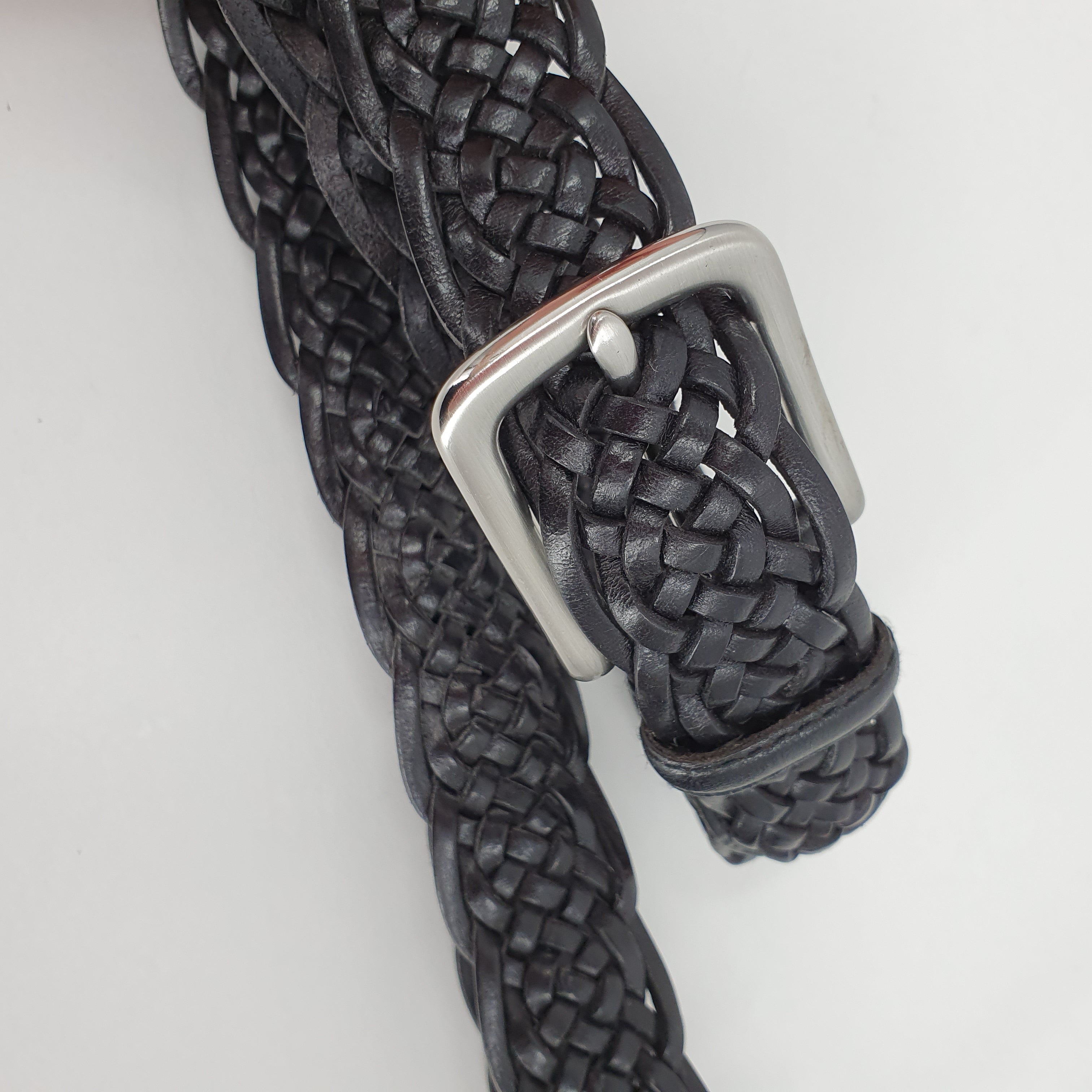 Men's narrow belt, black braided leather, length max. 95cm