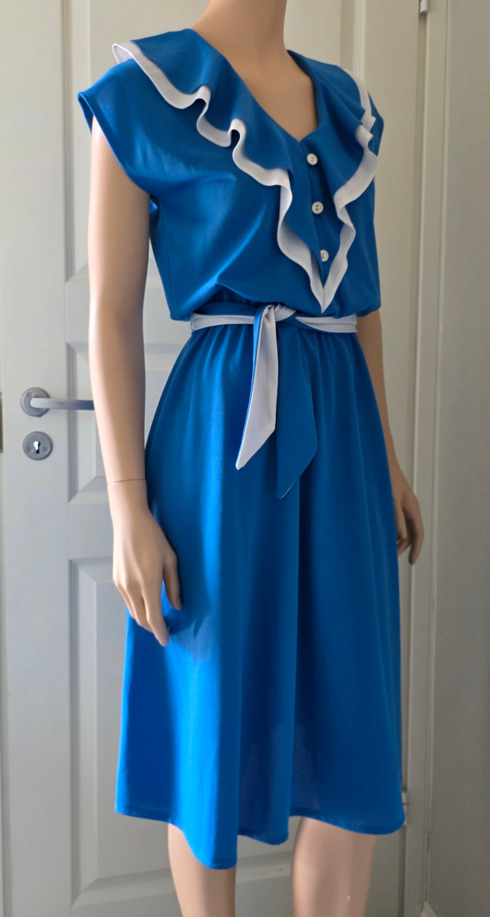 Blue and white English vintage dress, 70s-80s, size 36