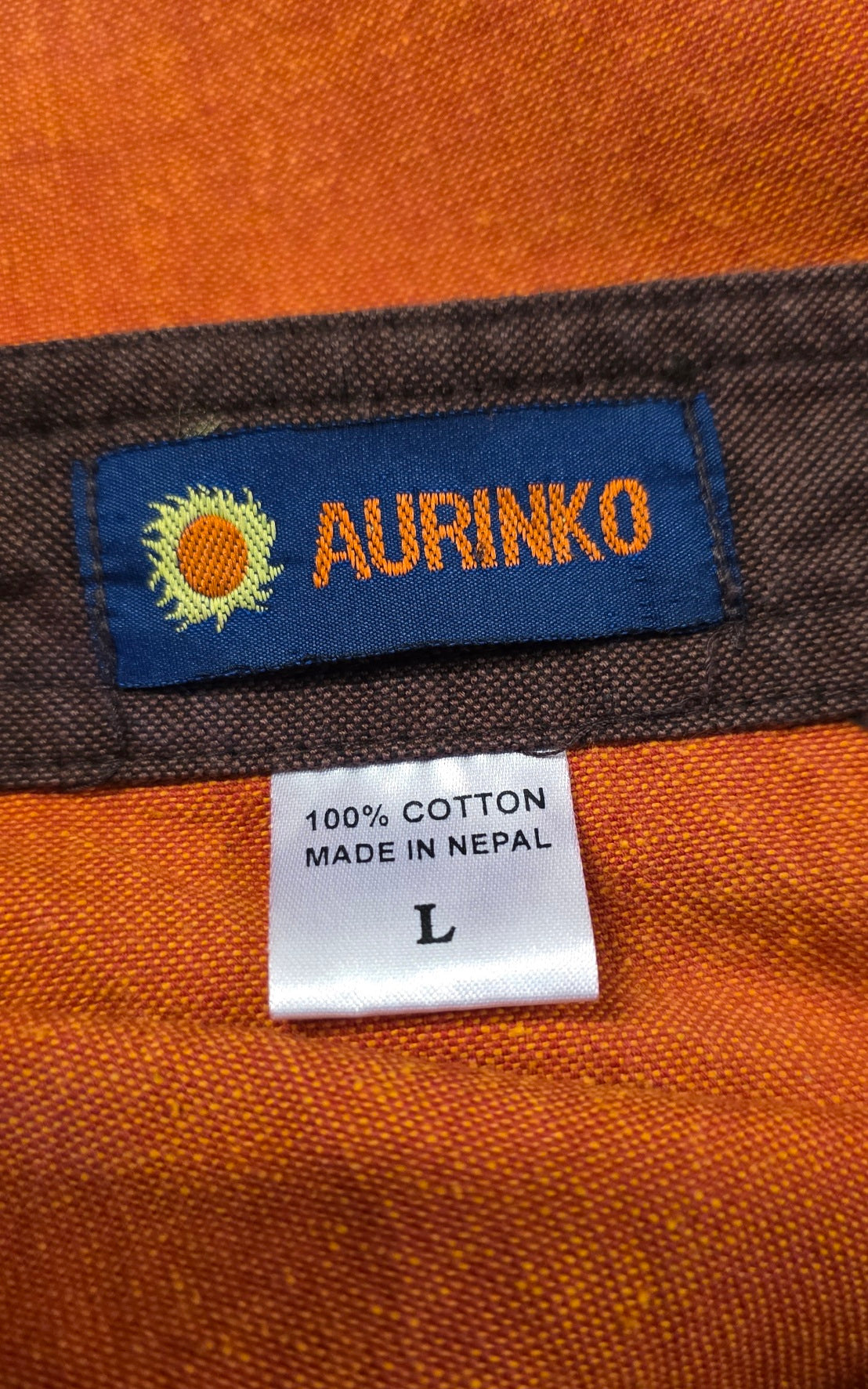 Aurinko, orange cotton dress from Nepal, size 38