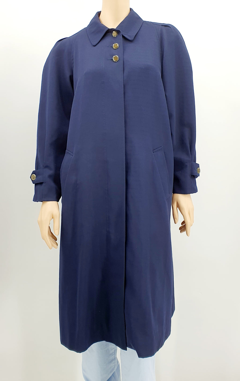 Tummansininen pitkä trenssitakki 90-luku