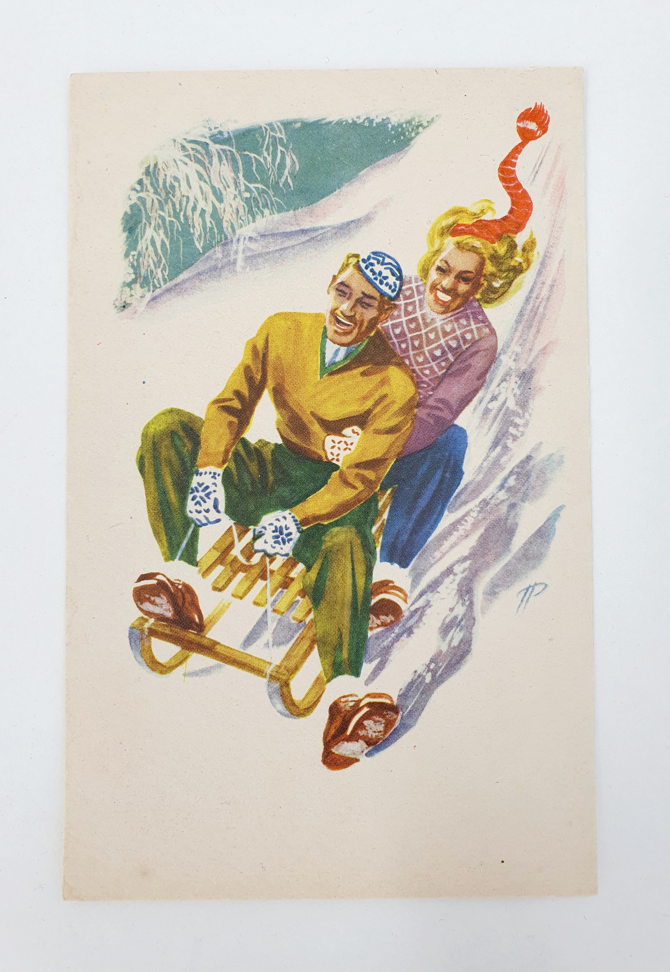 Unused winter hobby-themed postcard from the 1950s, figure skating/downhill skiing/snow games