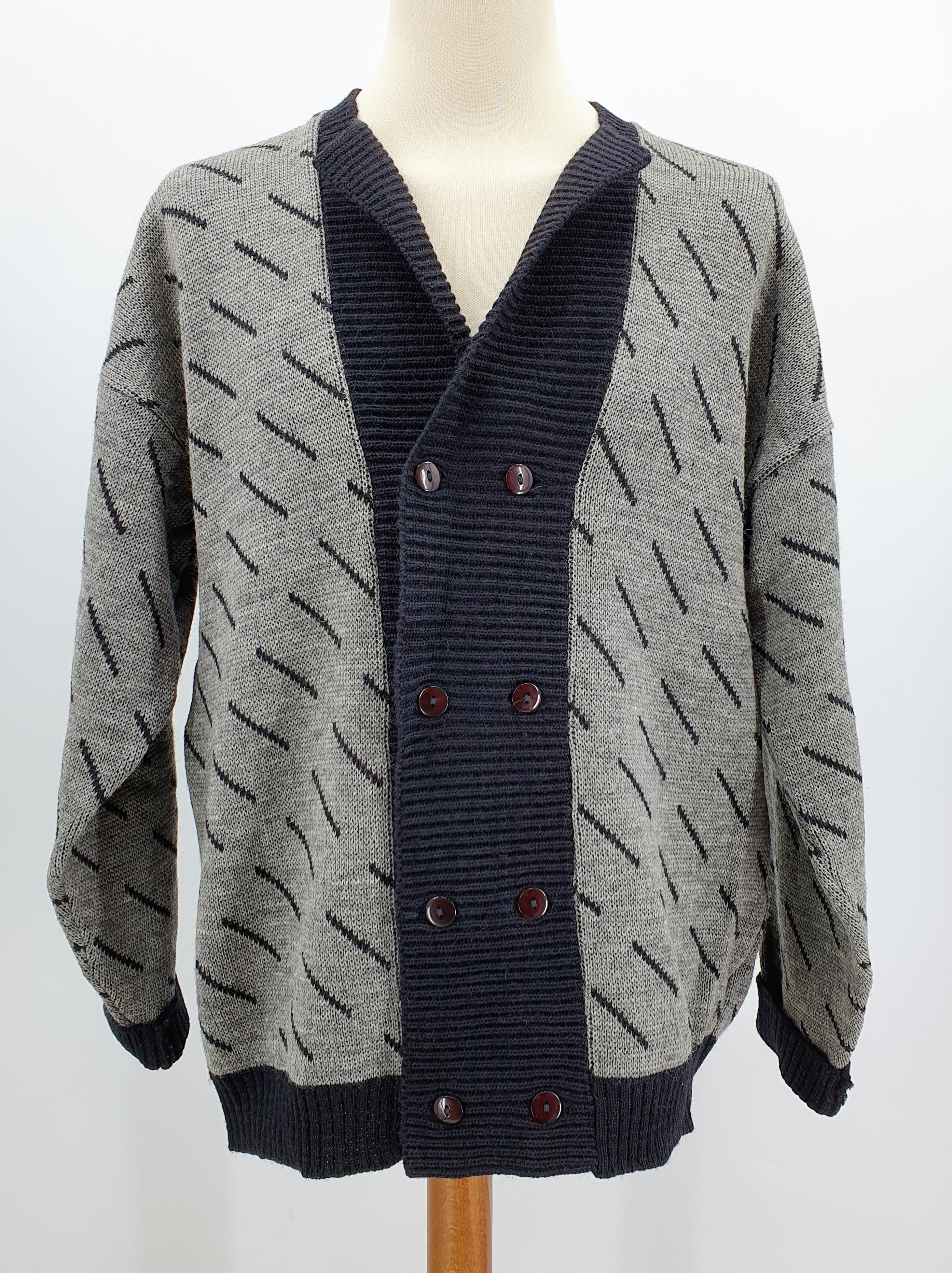 Miesten neuletakki 80-luvulta, musta-harmaa, kaksirivinapitus