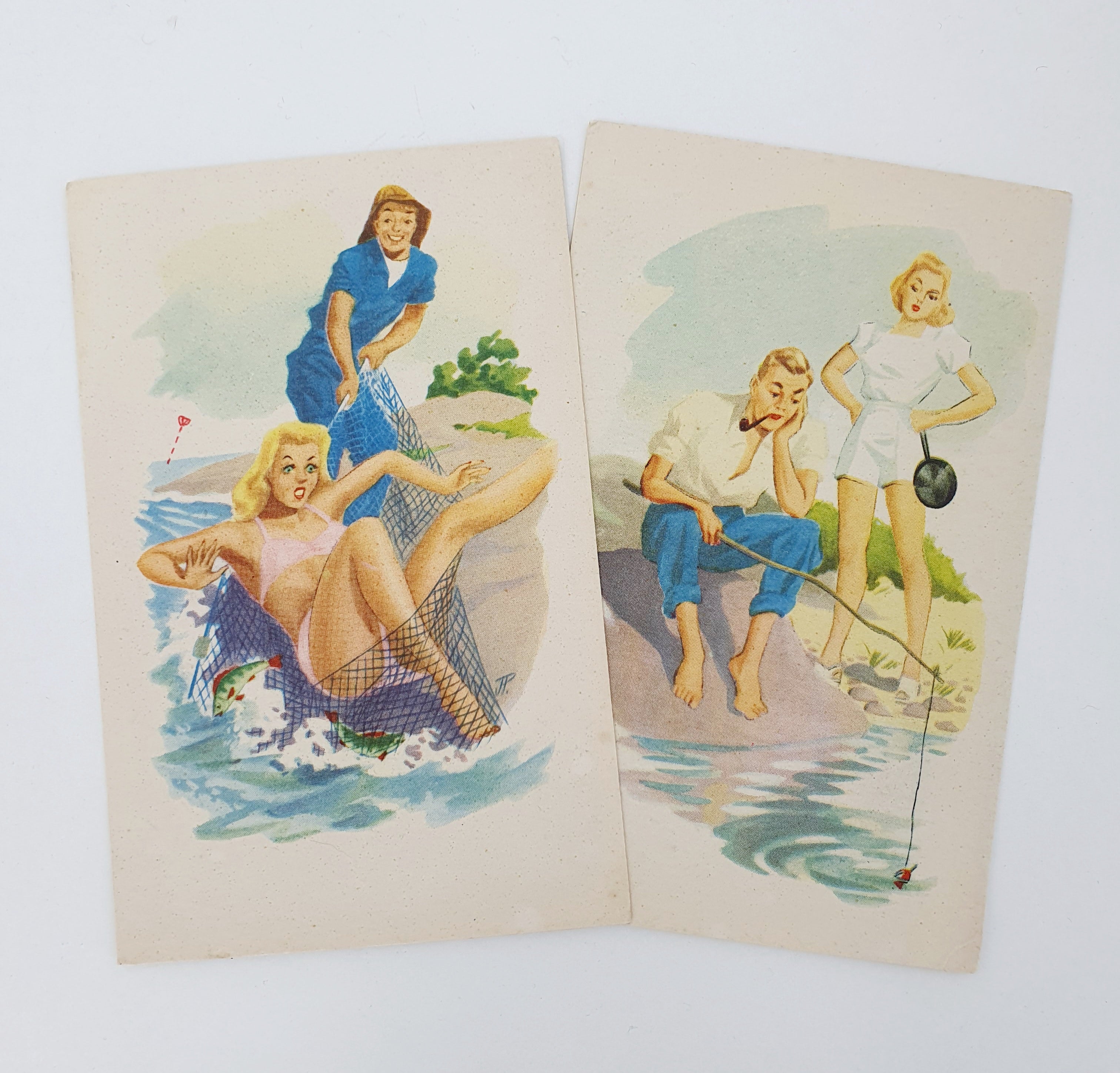 Unused fishing-themed card from the 50s, with a fishing rod/net