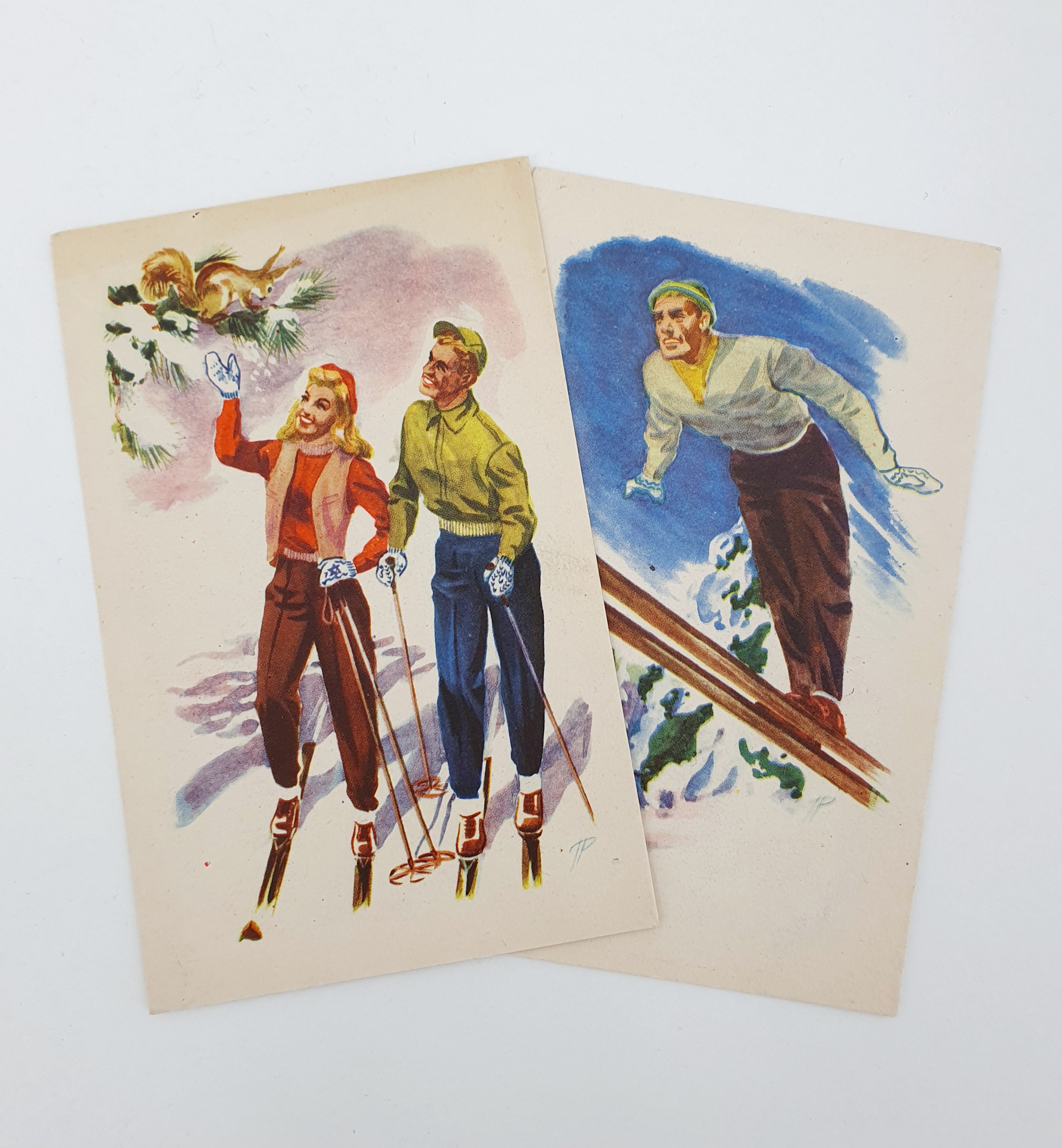 Unused winter sports-themed postcard from the 1950s, skiing/ski jumping
