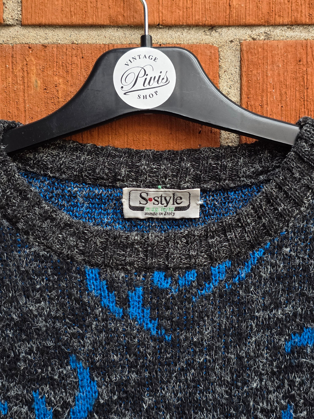 S-Style, blue and black unisex sweater from the 80s, size 42-44-(46)
