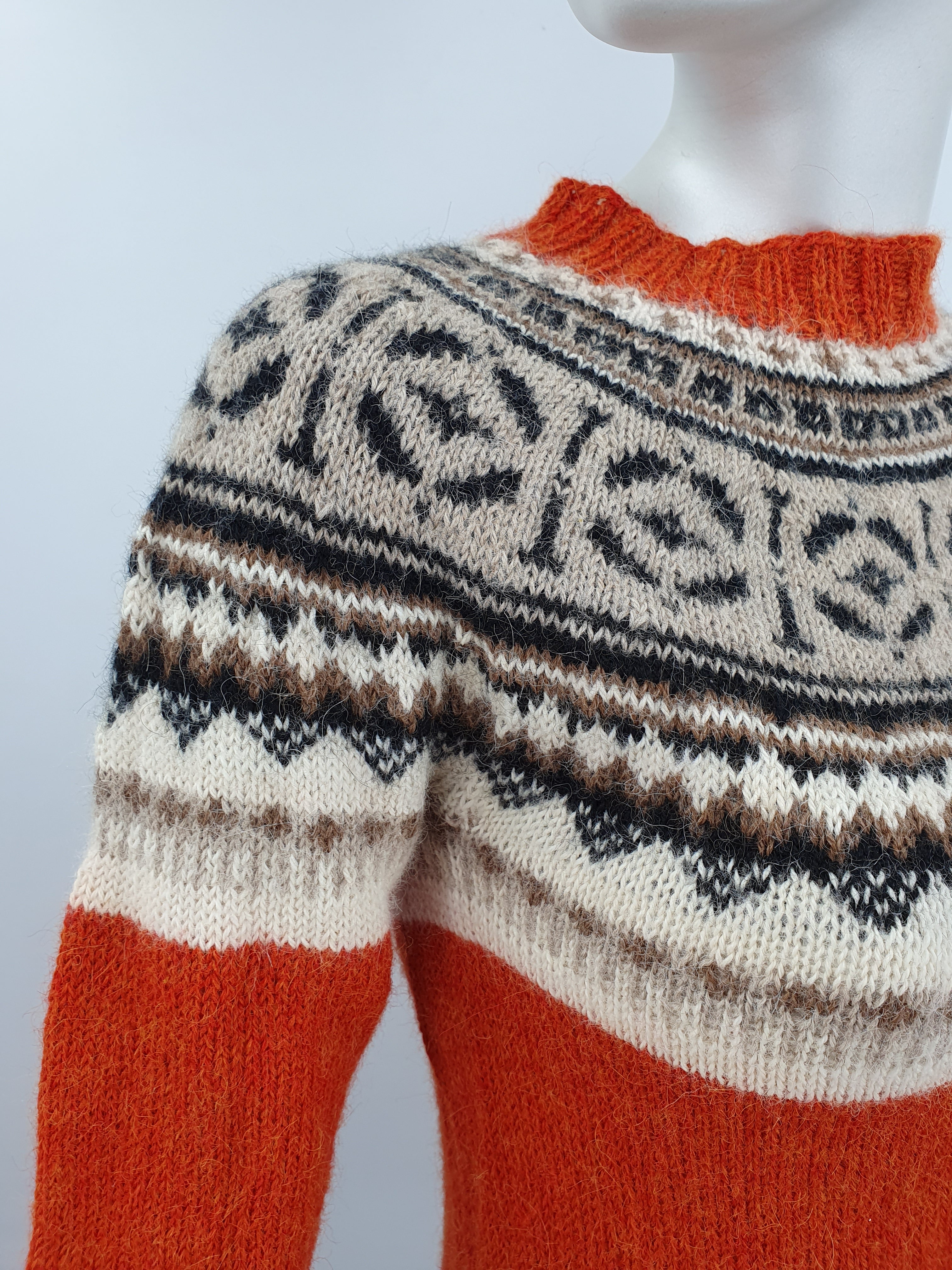 Orange hand-knitted wool sweater, size 34-36