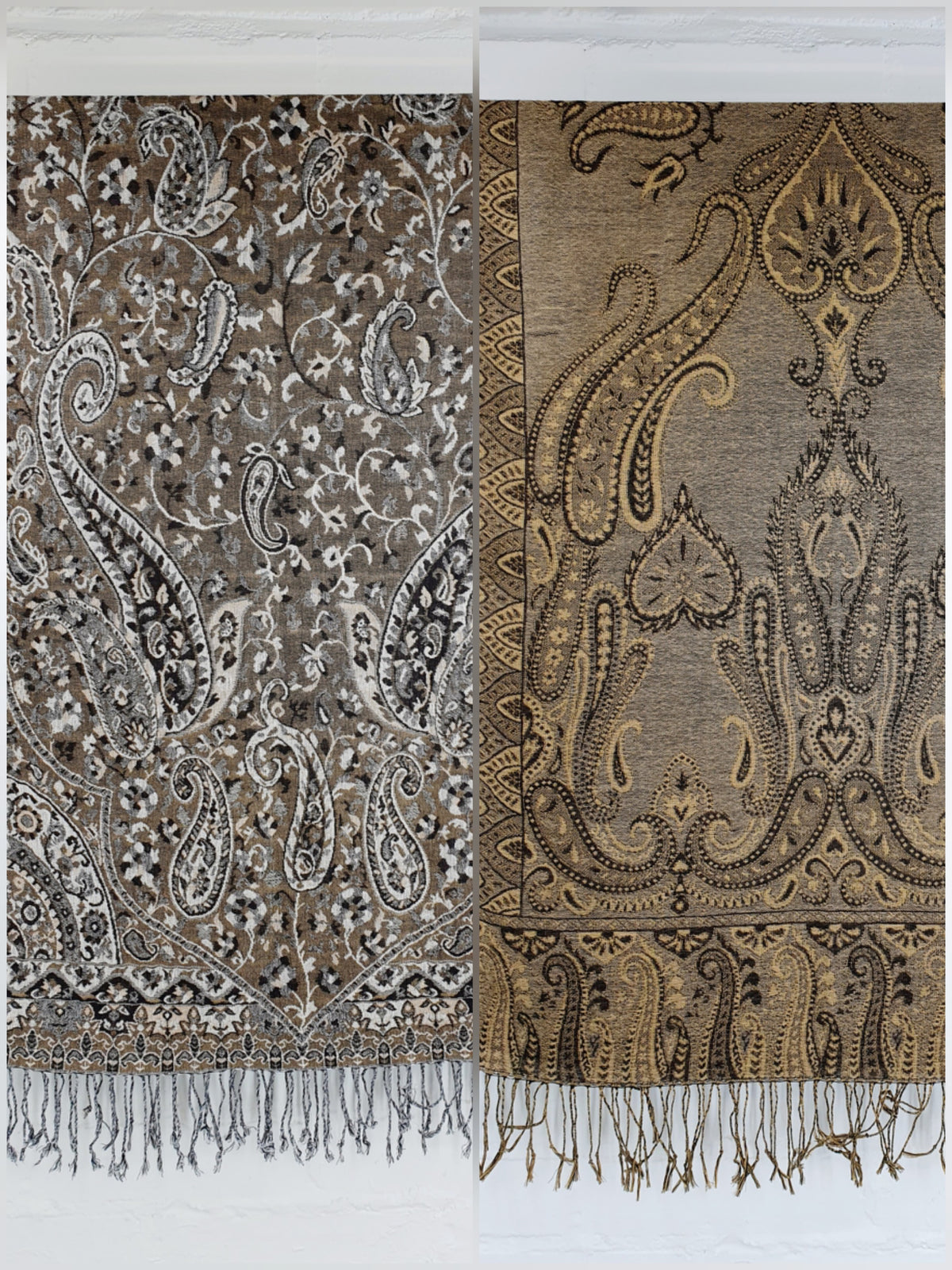 Pashmina-huivit paisleykuviolla, kaksi erilaista