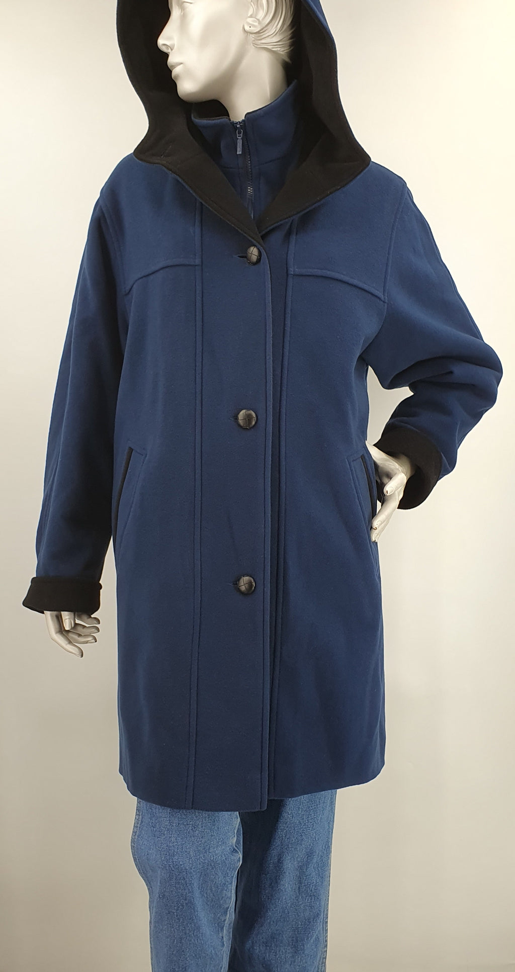Noora, dark blue, hooded woolen jacket from the 90s, size 40-42