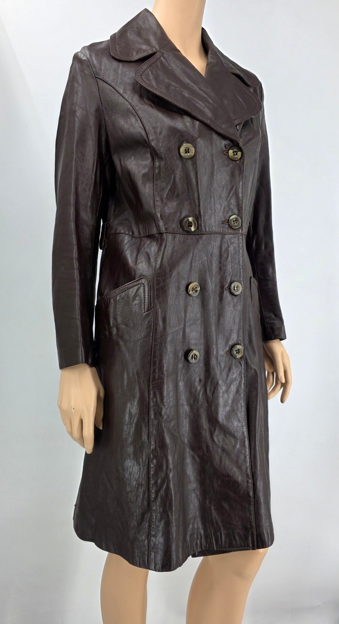 Finn Fant, dark brown long leather jacket from the 70s, size 36-38