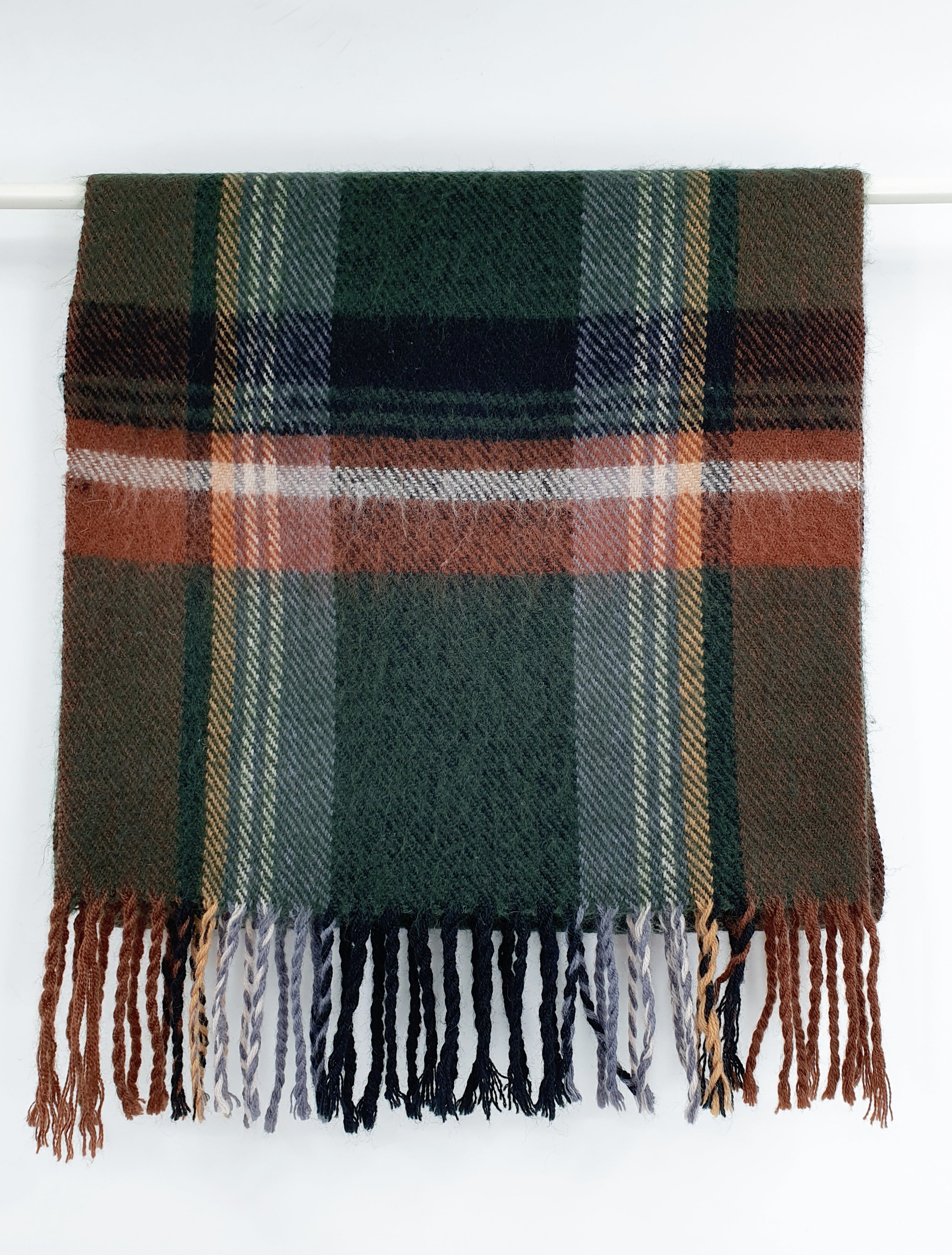 Green/brown checked wool scarf, size 30x120cm