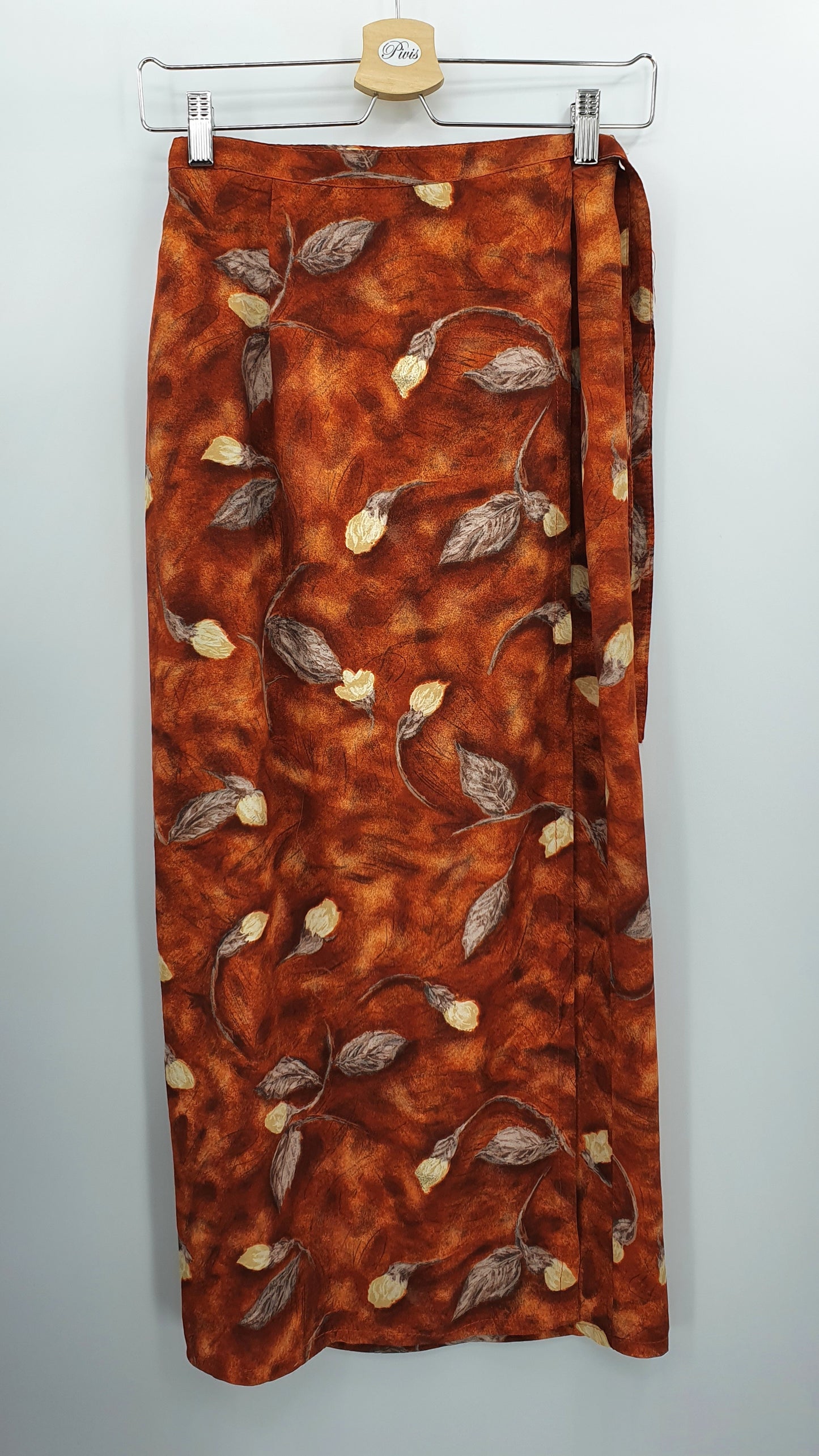 Ruosteenpunainen kietaisuhame, 90-luku, vyöt.ymp. 68-74cm, kokoarvio 34-36