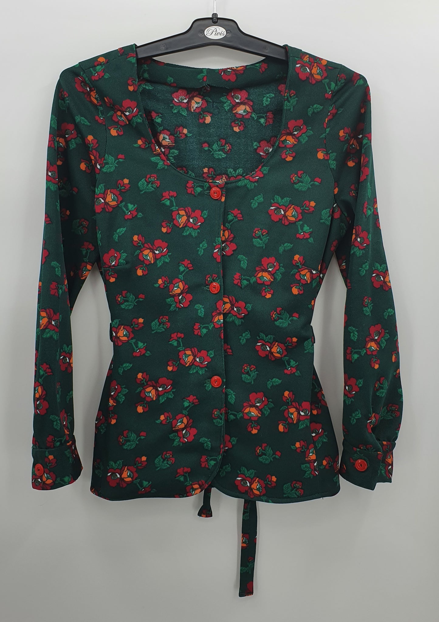Tummanvihreä kukkakuvioinen paitajakku, 70-luku, koko 36-38