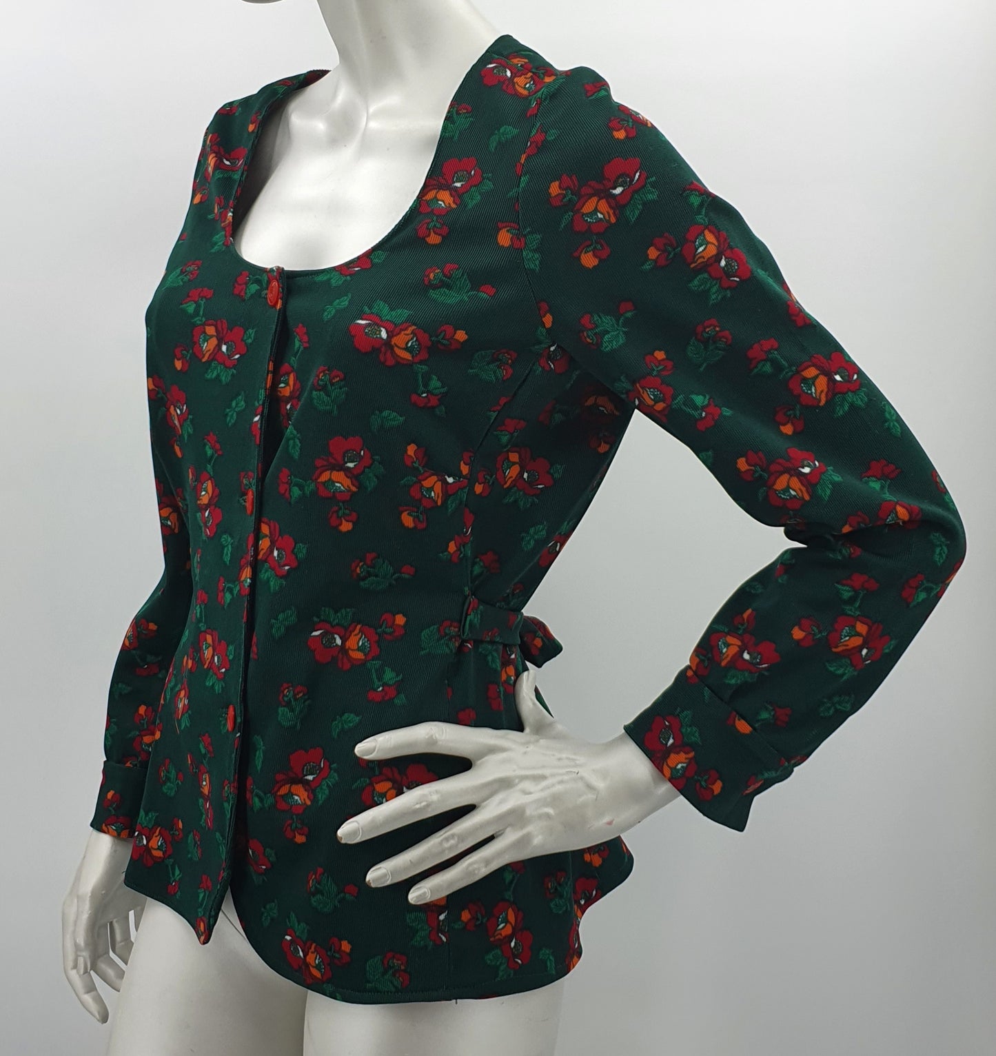 Tummanvihreä kukkakuvioinen paitajakku, 70-luku, koko 36-38