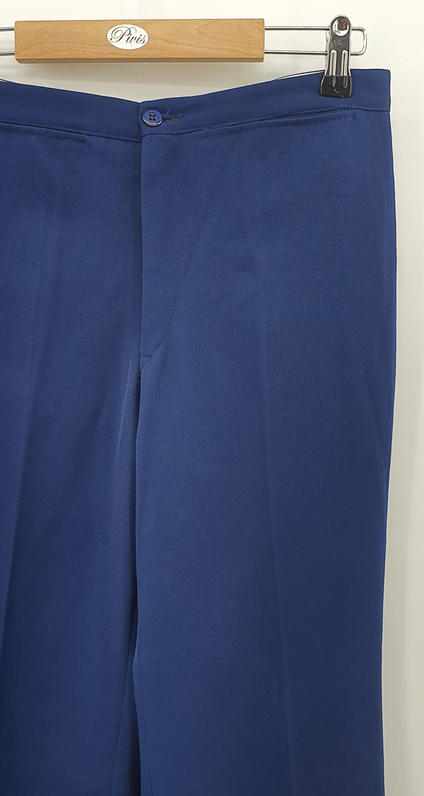 Tummansiniset leveälahkeiset housut, sis.villaa, 70-luku, vyöt.ymp. 70cm, kokoarvio 36