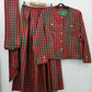 Oscar, vihreä-punainen asukokonaisuus, jakku ja hame, 90-luku, koko 40, vyöt.ymp. 70-74cm