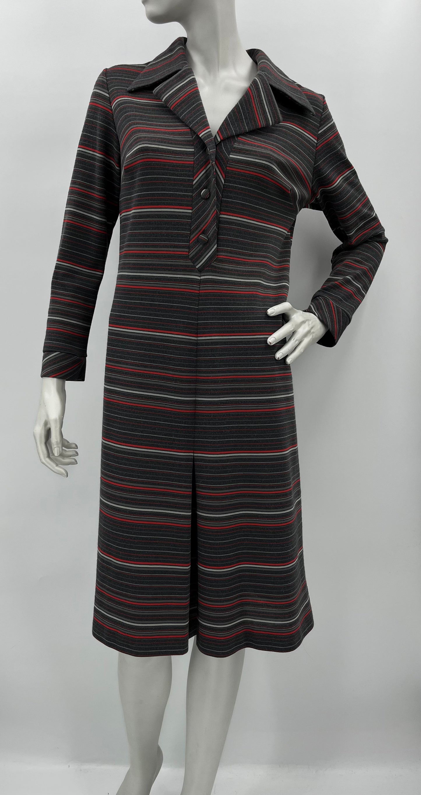 Raidallinen mekko, harmaa-punainen, 70-80-luku, koko 38-40