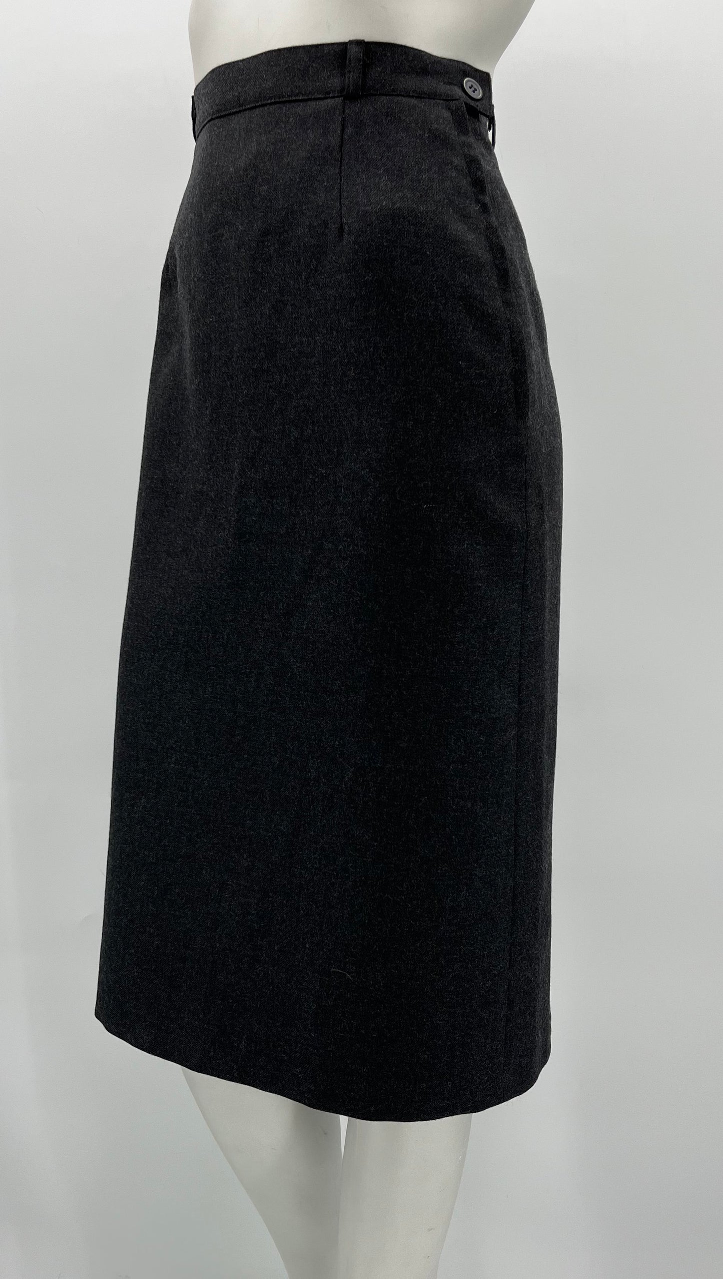 Tummanharmaa suora hame sis.villaa, 80-90-luku, vyöt.ymp. 64cm, kokoarvio 34