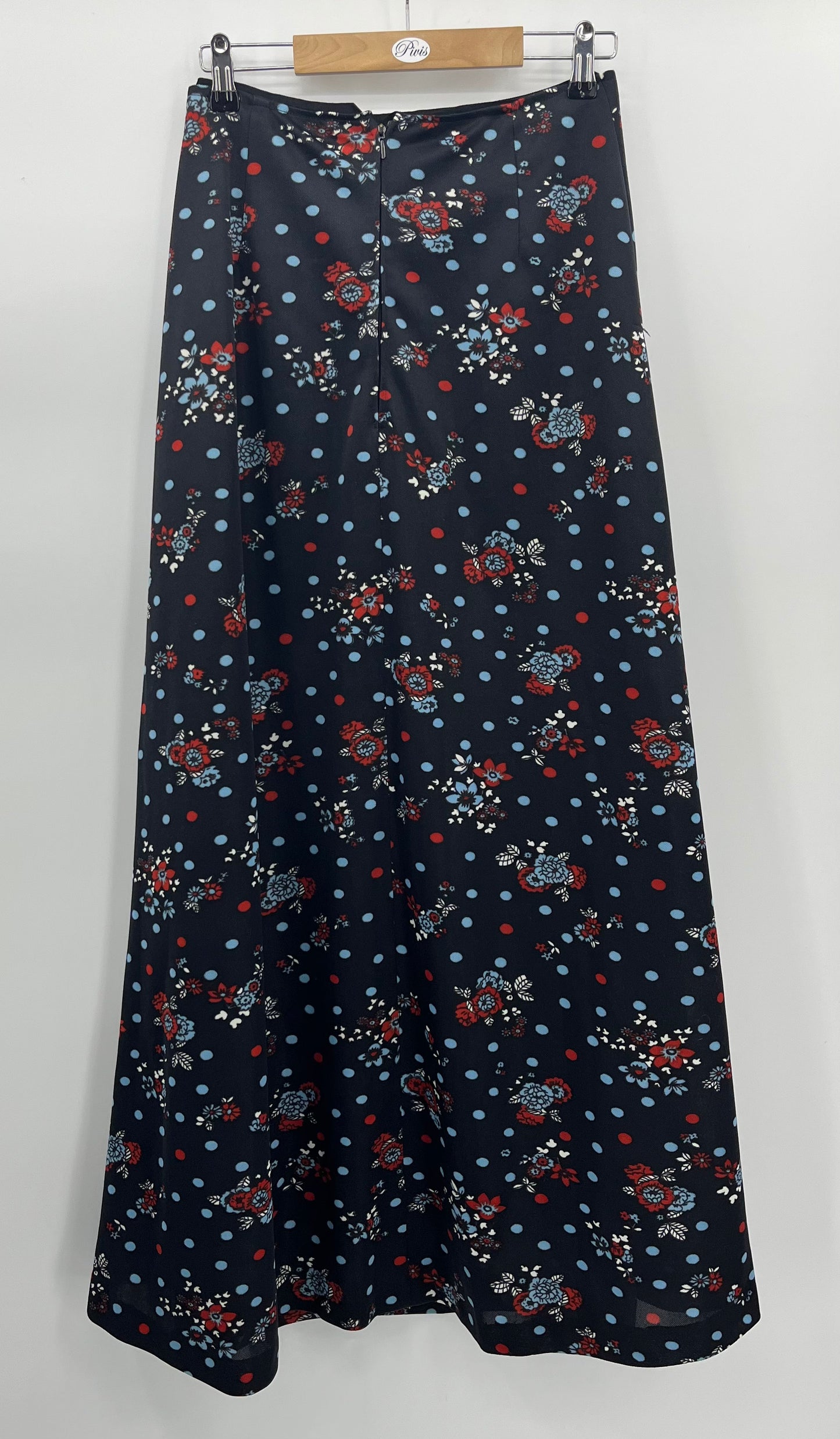 Tummansininen A-linjainen hame, pieni kukkakuvio, 90-luku, vyöt.ymp. 70cm, kokoarvio 36-38