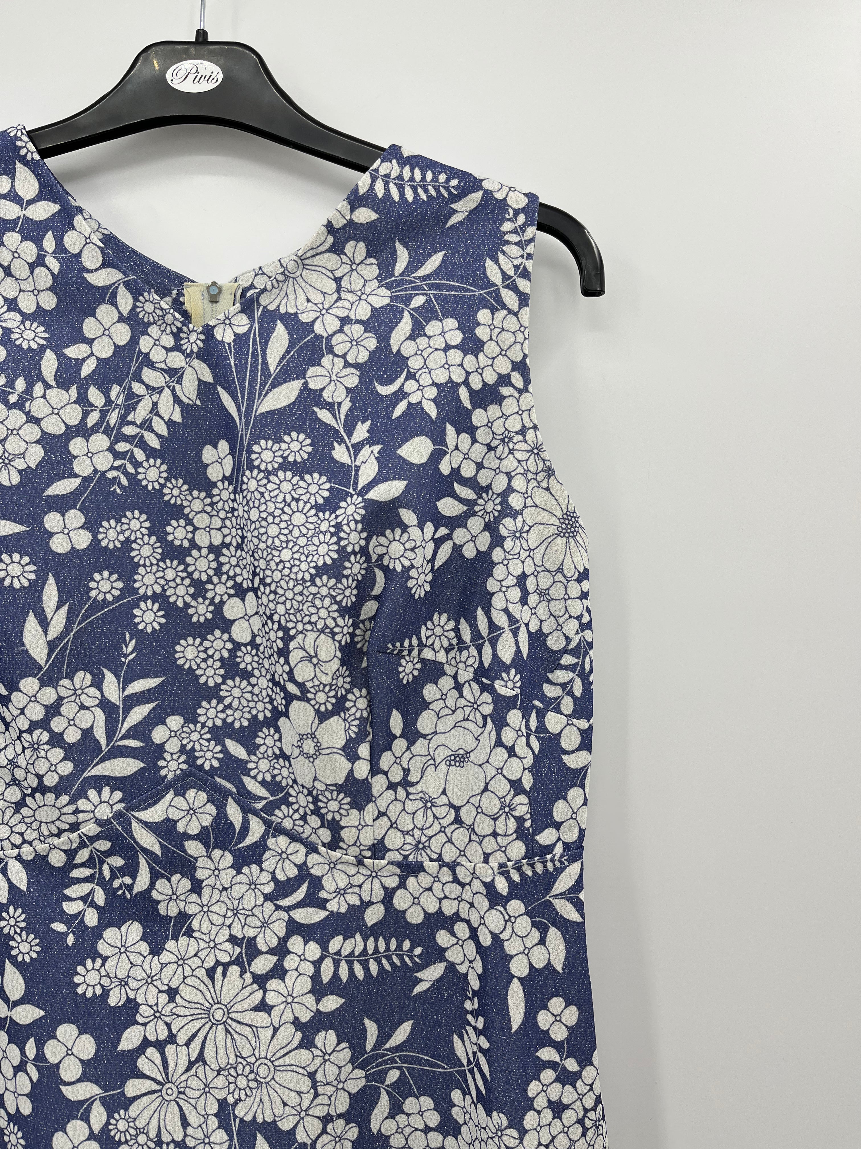 Blue and white glittery floral dress from the 70s, size 40