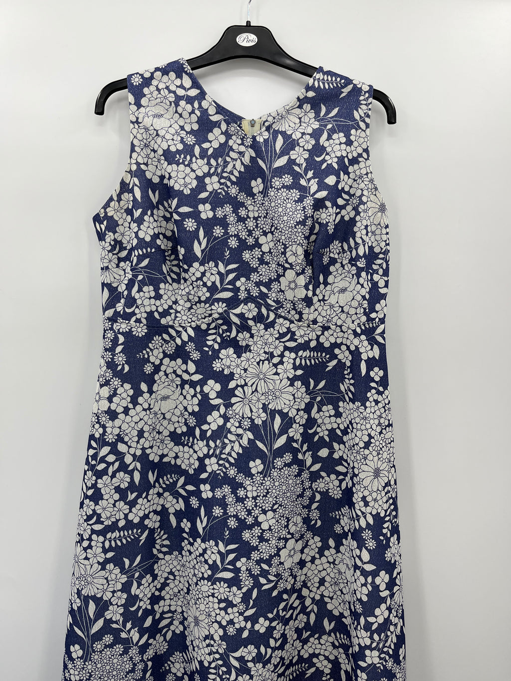 Blue and white glittery floral dress from the 70s, size 40