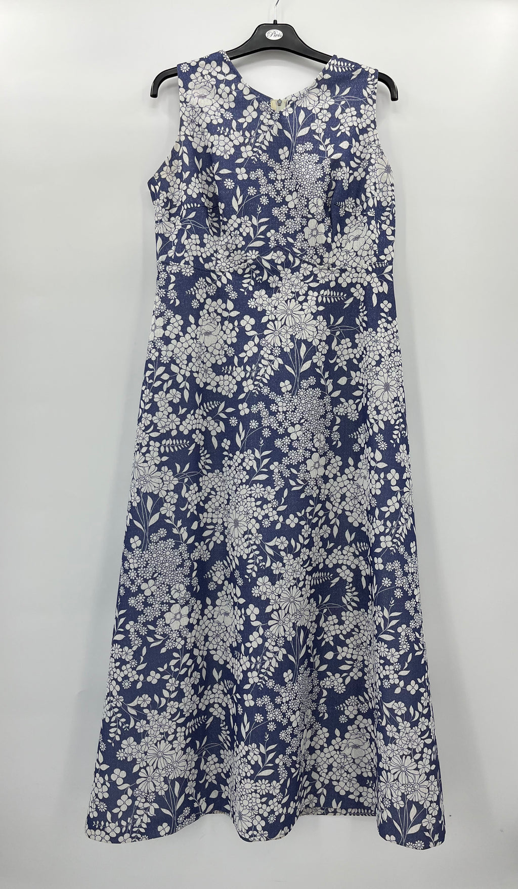 Blue and white glittery floral dress from the 70s, size 40