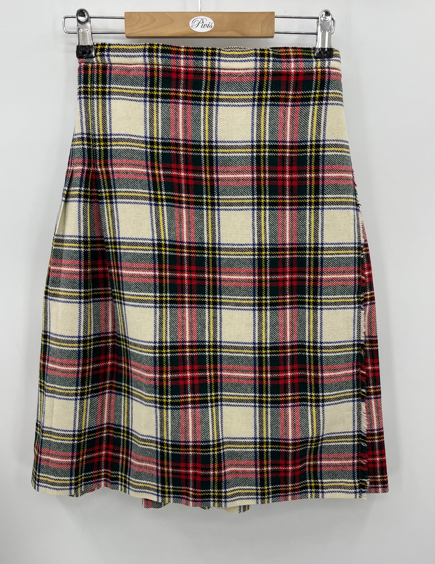 Moffat Woollens, puna-valkoinen villahame, 70-80-luku, vyöt.ymp. 64-66cm, kokoarvio 34